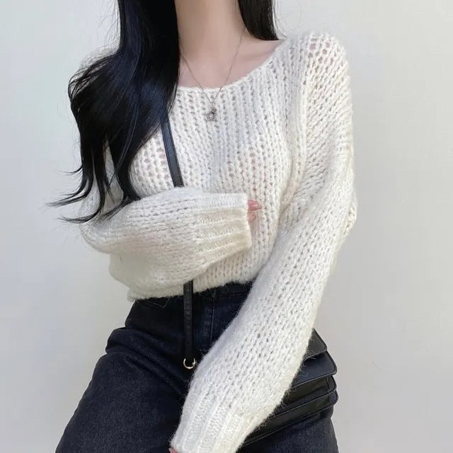 Solid Color Round Neck Knitted Crochet Sweater