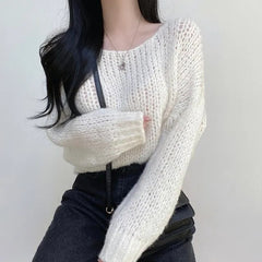 Solid Color Round Neck Knitted Crochet Sweater