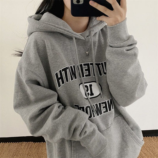 Solid Color Embroidered Letter Loose Hoodie