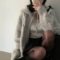 Cable Knit Hooded Zip Up Knitted Cardigan