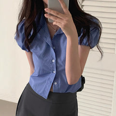 Checkered Print Puff Short Sleeve Blouse