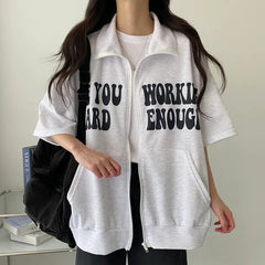 Letter Print Loose Zip Up Short Sleeve Tee