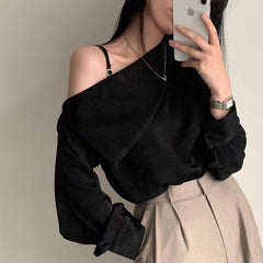 Solid Color Off-shoulder Long Sleeve Tee