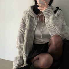 Cable Knit Hooded Zip Up Knitted Cardigan