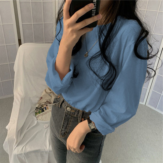 Solid Color Long Sleeve Round Neck Tee