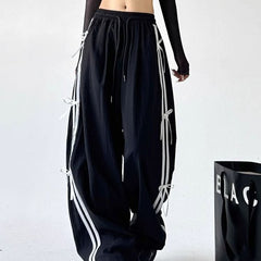 Side Striped Bow Tie Wide Leg Sweatpants