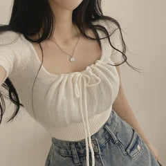 Stitching Square Collar Knitted Tee