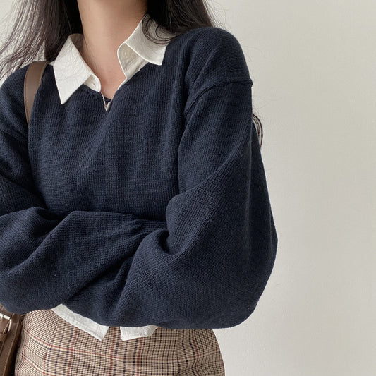 Solid Color Round Neck Cropped Loose Sweater