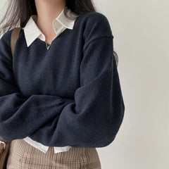 Solid Color Round Neck Cropped Loose Sweater