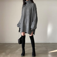Solid Color High Collar Mid Length Oversized Sweater