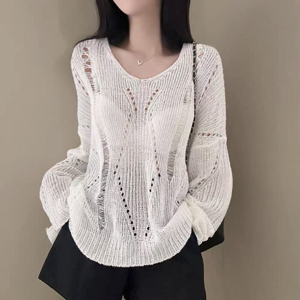 Solid Color Thin Knitted Long Sleeve Tee