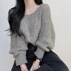 Solid Color Round Neck Knitted Crochet Sweater
