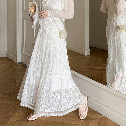 Lace Patchwork Fairy Ruffled Maxi Skirt