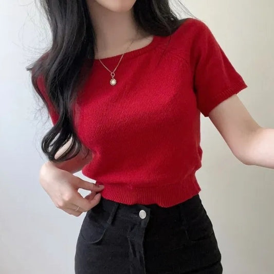 Square Collar Short Sleeve Knitted Tee