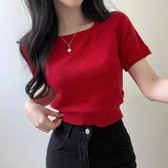 Square Collar Short Sleeve Knitted Tee