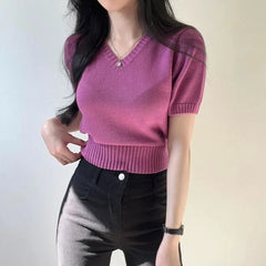 V-neck Solid Color Short Sleeve Knitted Tee