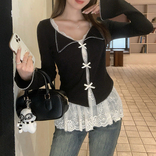 Aesthetic Lace Patchwork Bow Fake Two Piece Tee