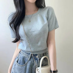 Square Collar Short Sleeve Knitted Tee