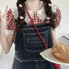 Aesthetic Lace Collar Checkered Puff Sleeve Blouse