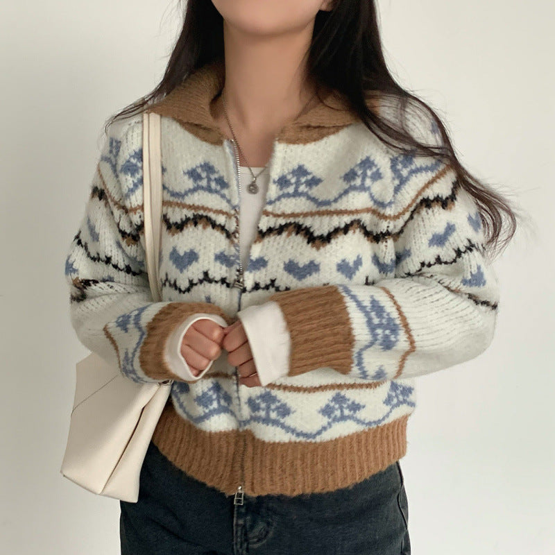 Vintage Jacquard Print Zip Up Cardigan