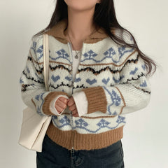 Vintage Jacquard Print Zip Up Cardigan
