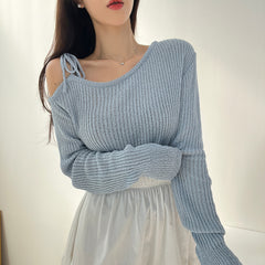 Lace-up Striped Long Sleeve Knitted Tee