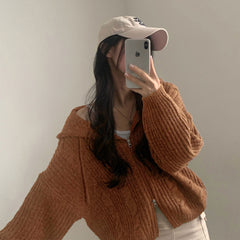 Solid Color Cable Knit Oversized Hooded Zipper Cardigan