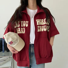 Letter Print Loose Zip Up Short Sleeve Tee