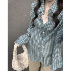 Vintage Checkered Oversized Long Sleeve Blouse
