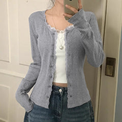 Lace Trim Long Sleeve Slim Button Knitted Tee