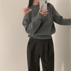 Crew Neck Hollow Out Shoulder Loose Sweater