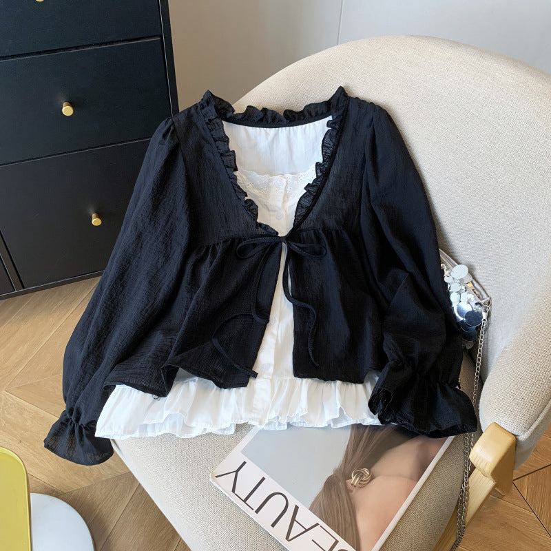 Aesthetic Patchwork Bow Tie Long Sleeve Blouse