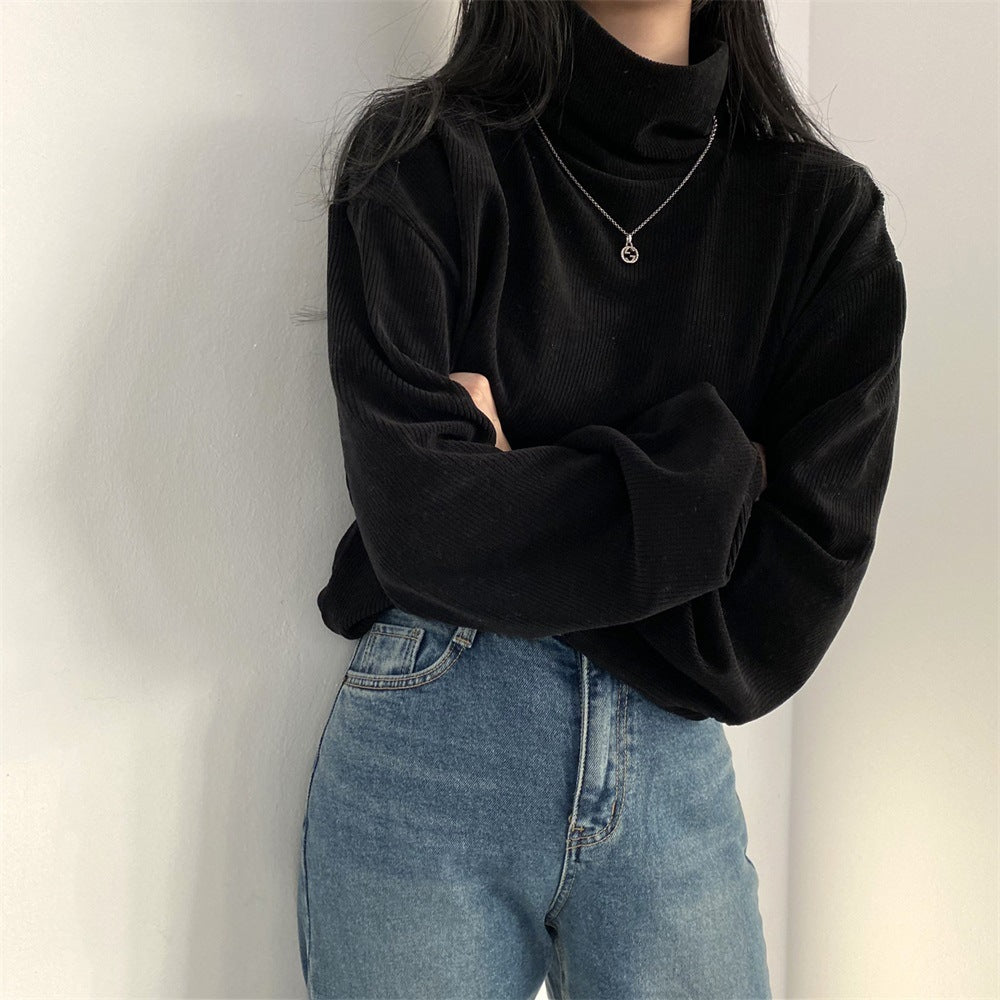 Turtle Neck Long Sleeve Corduroy Oversized Tee
