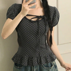 Polka Dot Print Front Tie Puff Short Sleeve Tee