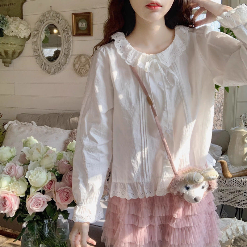 Aesthetic Patchwork Ruffled Lace Long Sleeve Blouse