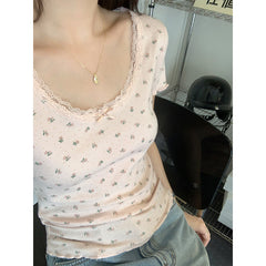 Lace Trim Round Neck Bow Floral Print Tee