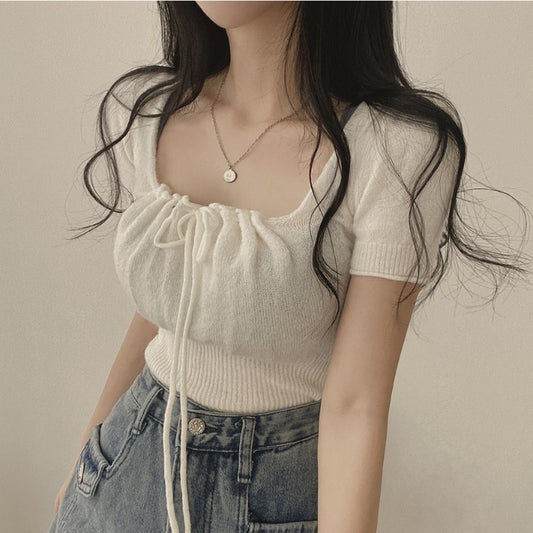 Stitching Square Collar Knitted Tee