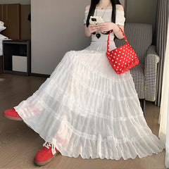 Fairycore Solid Color Ruffled Maxi Skirt