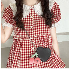 Aesthetic Lace Collar Checkered Puff Sleeve Blouse
