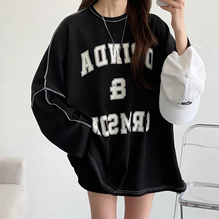 Letter Print Stitching Details Oversized Long Sleeve Tee