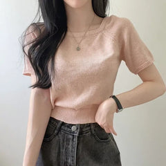 Square Collar Short Sleeve Knitted Tee