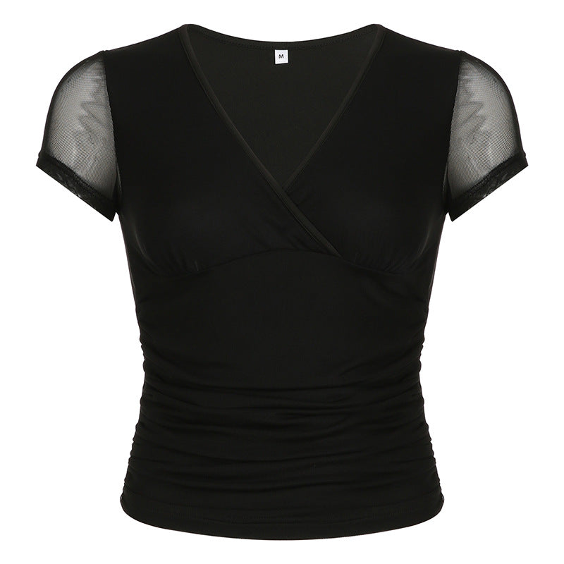 Solid Color Deep Cross V-Neck Short Sleeve Tee