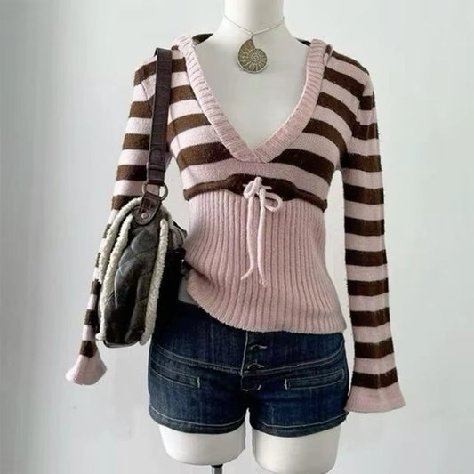 Vintage V-Neck Front Tie Hooded Sweater