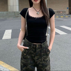 Aesthetic Lace Trim Short Sleeve Bow Tee