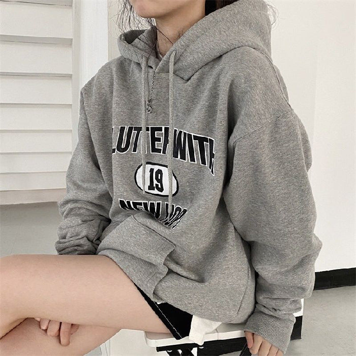 Solid Color Embroidered Letter Loose Hoodie