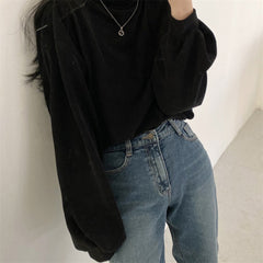 Turtle Neck Long Sleeve Corduroy Oversized Tee
