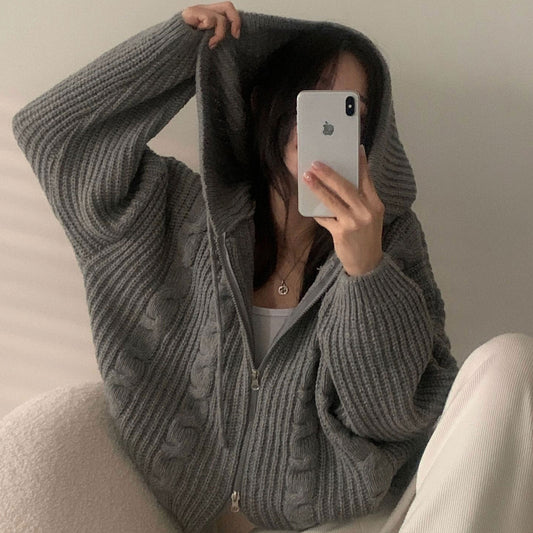 Solid Color Cable Knit Oversized Hooded Zipper Cardigan