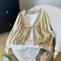 Aesthetic Patchwork Bow Tie Long Sleeve Blouse
