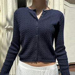 Solid Color Cable Knit Round Neck Cardigan