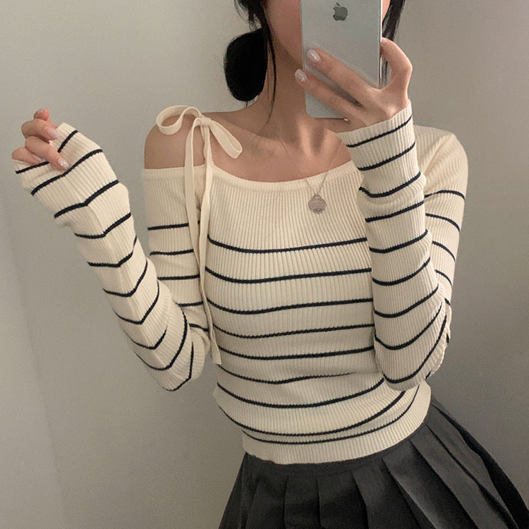 Off-shoulder Striped Long Sleeve Knitted Tee